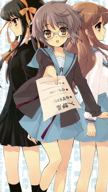 涼宮ハルヒの憂鬱 涼宮ハルヒ 長門有希 朝比奈みくる Iphone5 640 1136 壁紙 Wallpaperboys Com